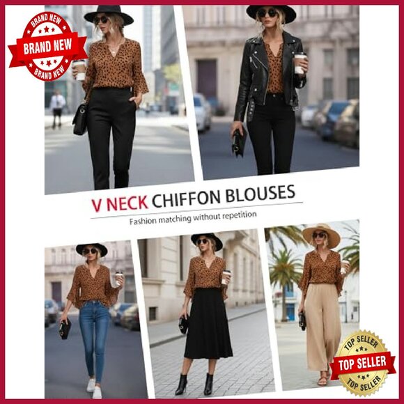 Chiffon Ruffle Sleeve V-Neck Blouse 3/4 Sleeve Button Down - Picture 5 of 8